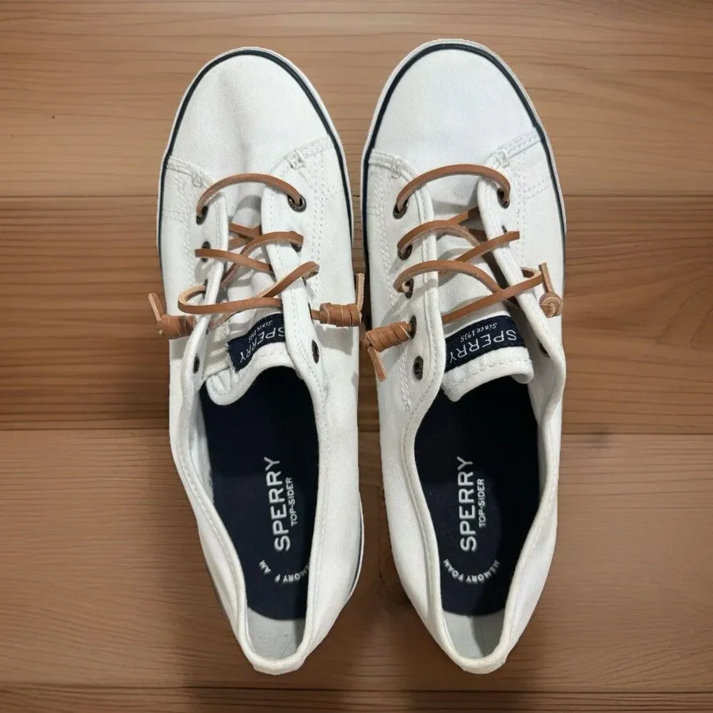 Sperry Pier View W 9.5 White Canvas Sneakers Rawhide Laces Coastal Preppy